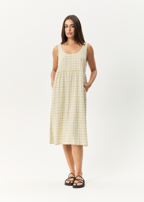 AFENDS Womens Position - Seersucker Check Midi Dress - Tan Check