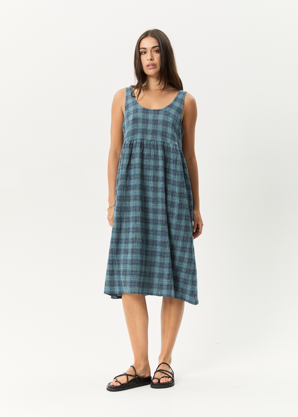 AFENDS Womens Position - Seersucker Check Midi Dress - Navy Check